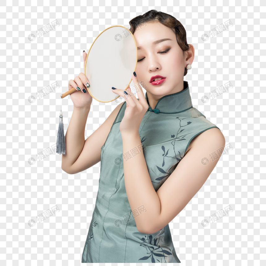 旗袍美女手持蒲扇元素素材PNG格式_设计素材