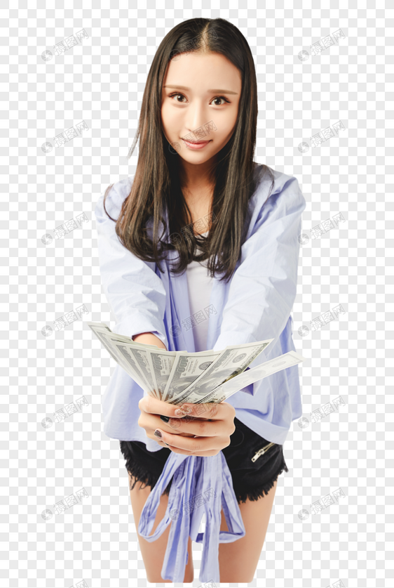 年轻女孩手拿钞票动作图片