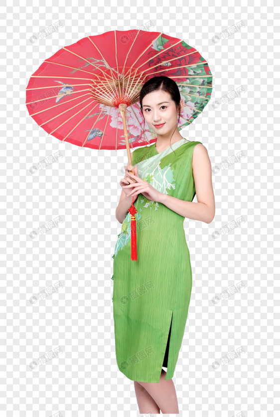 手持红色油纸伞的旗袍美女