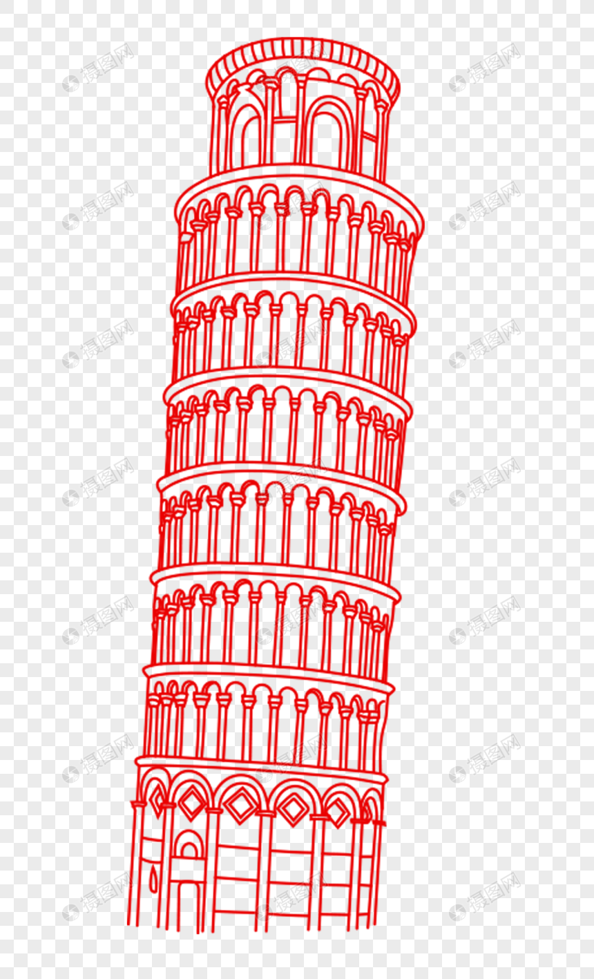红色线条比萨斜塔建筑图片
