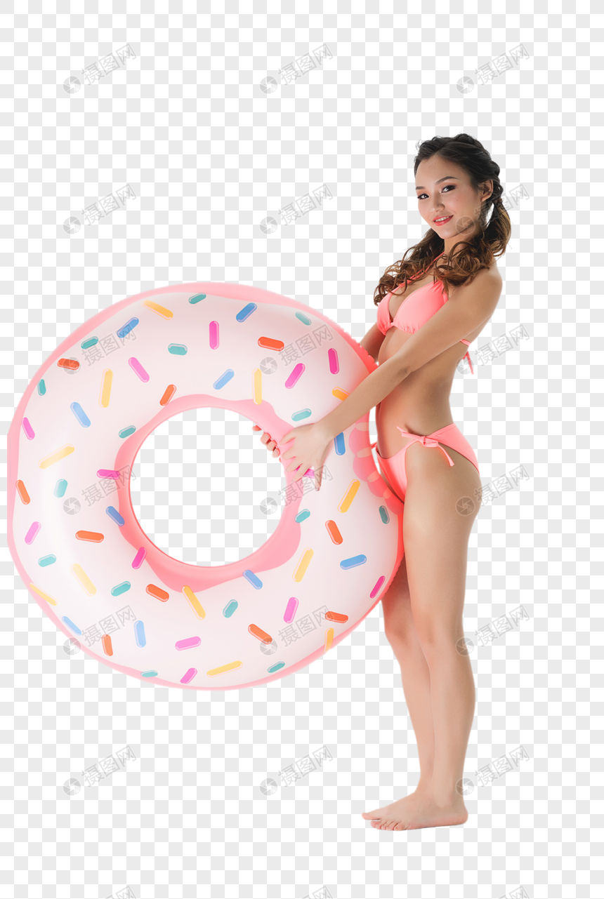 穿粉色比基尼的可爱女生拿着甜甜圈图片