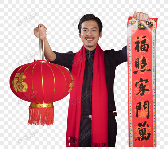 商务人像拜年手拿春联