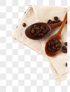 放在麻布上的木勺和咖啡豆高清图片