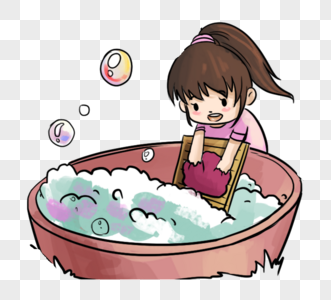 蓬松泡沫洗衣服女孩素材