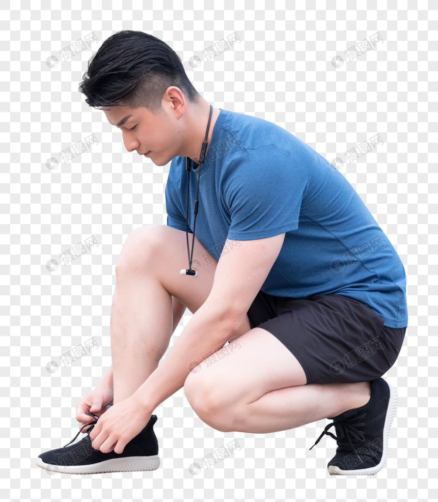 蹲着系鞋带的运动男性元素素材下载-正版素材-摄