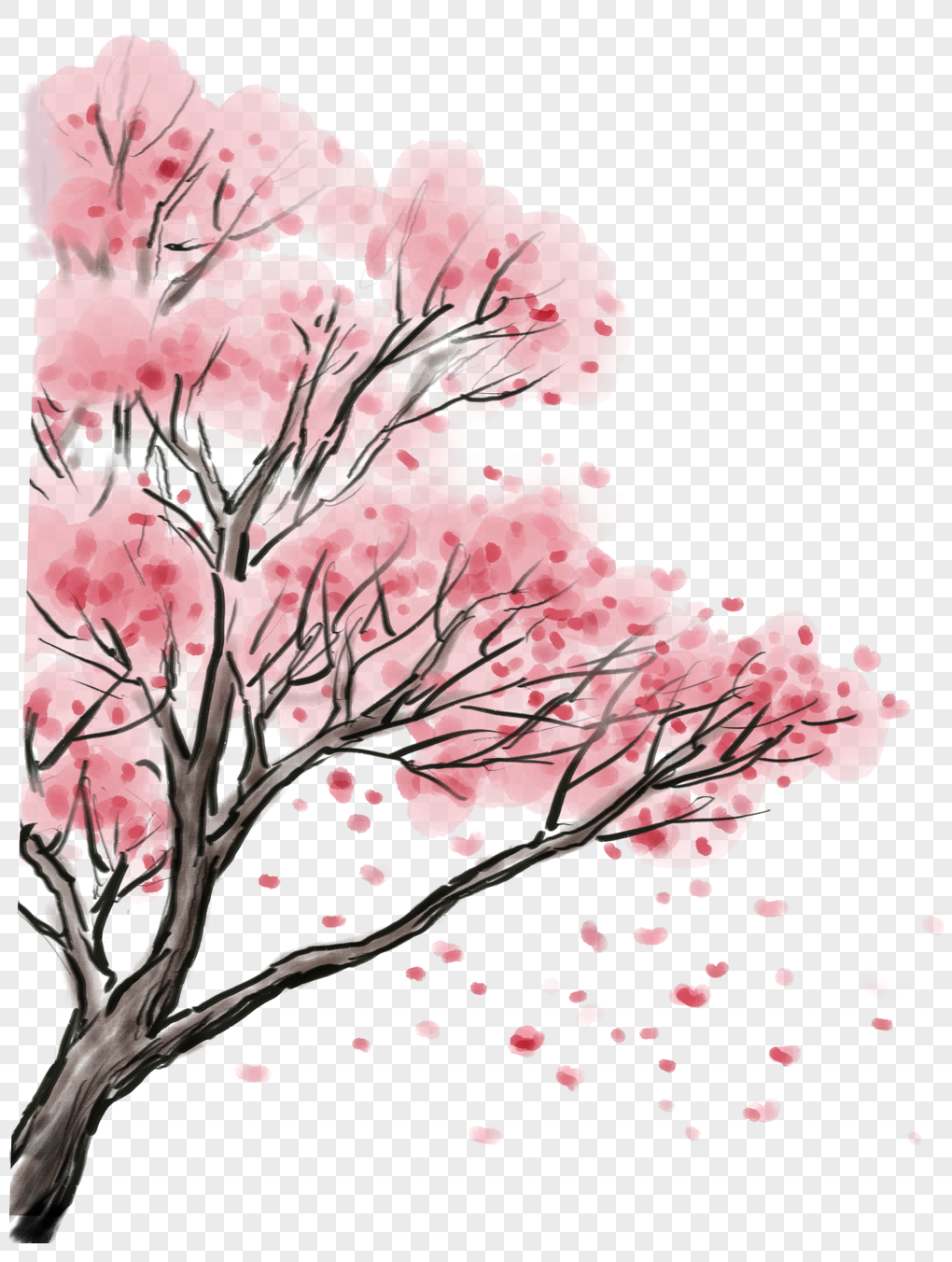 水墨画樱花树插画元素