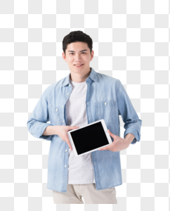 拿着平板电脑开心微笑的年轻男性图片