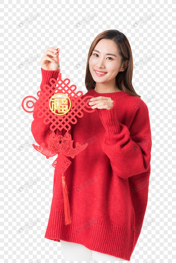 新年女性拿红色中国结图片