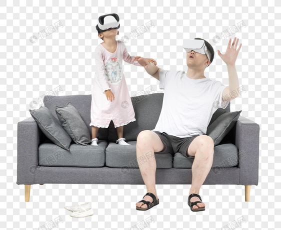 爸爸和女儿在沙发上玩vr图片