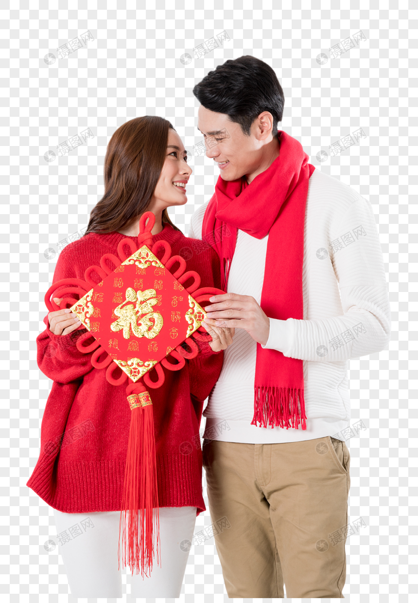 新年夫妻拿红色中国结白底人像图片
