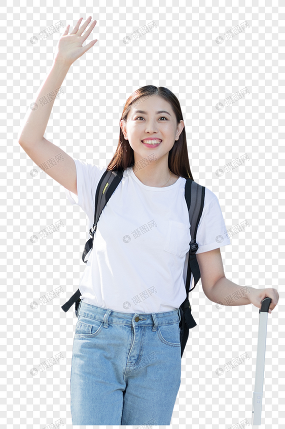 拉着行李箱微笑招手的女生