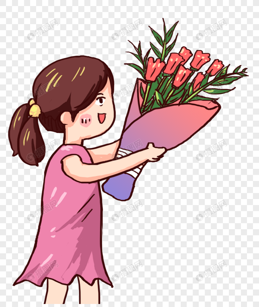 免抠元素 手绘/卡通元素 献花女孩.png