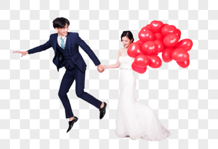情侣婚纱持爱心气球夸张动作图片