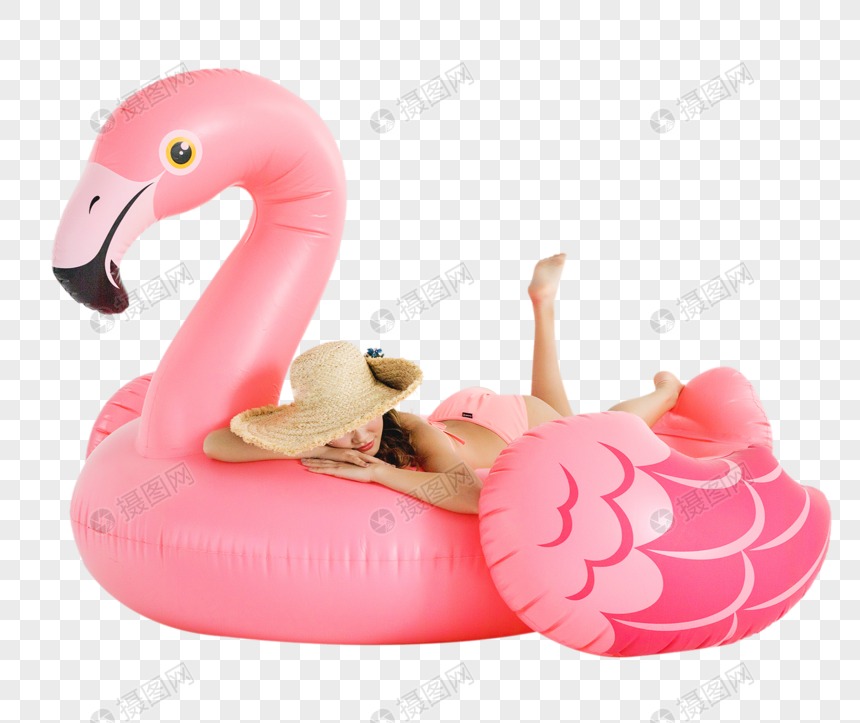 穿粉色比基尼的可爱美女坐在火烈鸟游泳圈图片