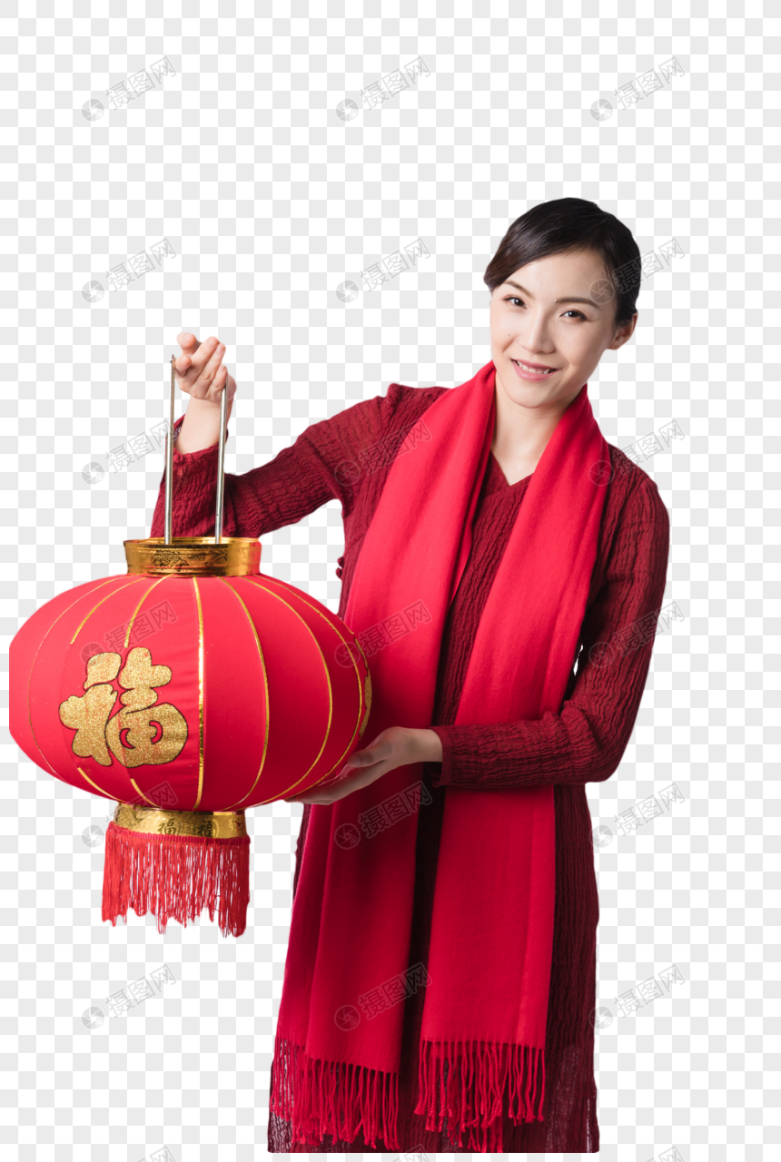 新春汉服美女手拿灯笼祝贺图片