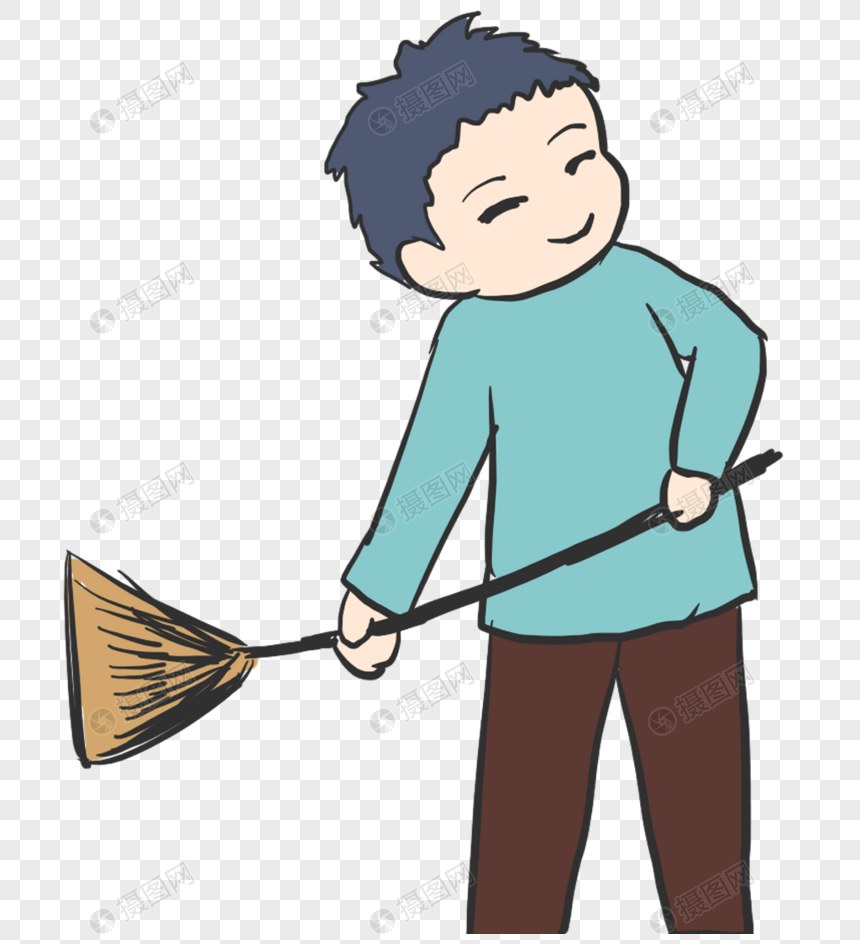 男孩拿扫把