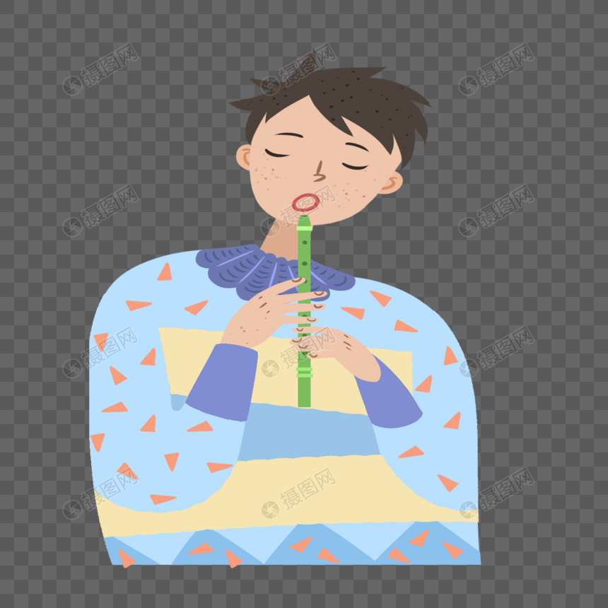 手绘吹竖笛的少年