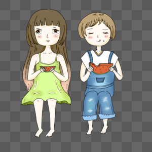 手绘两个吃西瓜的女孩图片