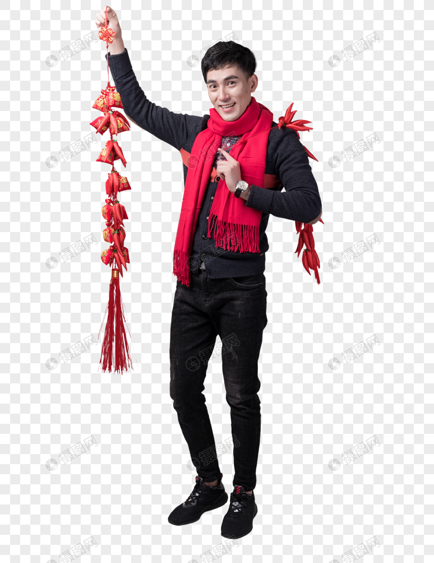 新年喜庆男士人像手持福袋图片