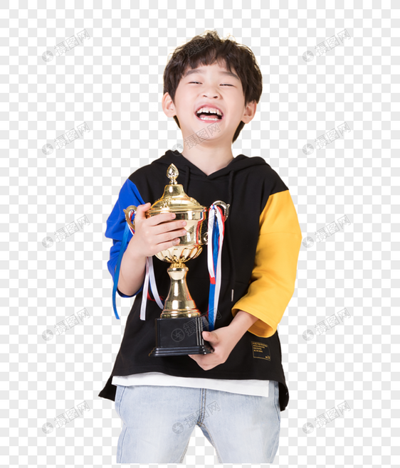 儿童小男孩手持奖杯童年生活