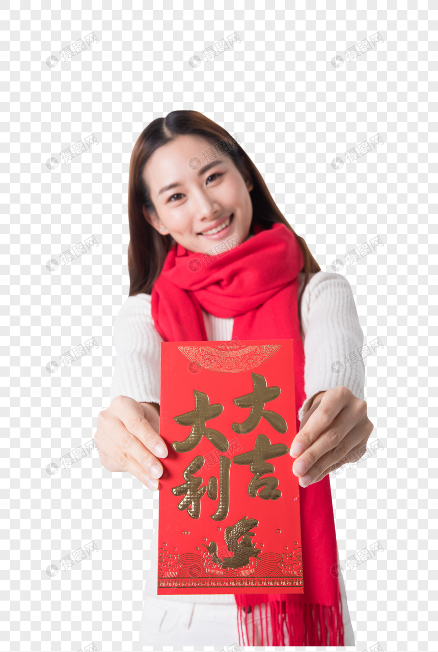 新年女性手拿红包图片