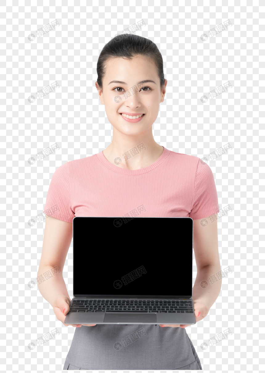 青年女性手持电脑展示图片