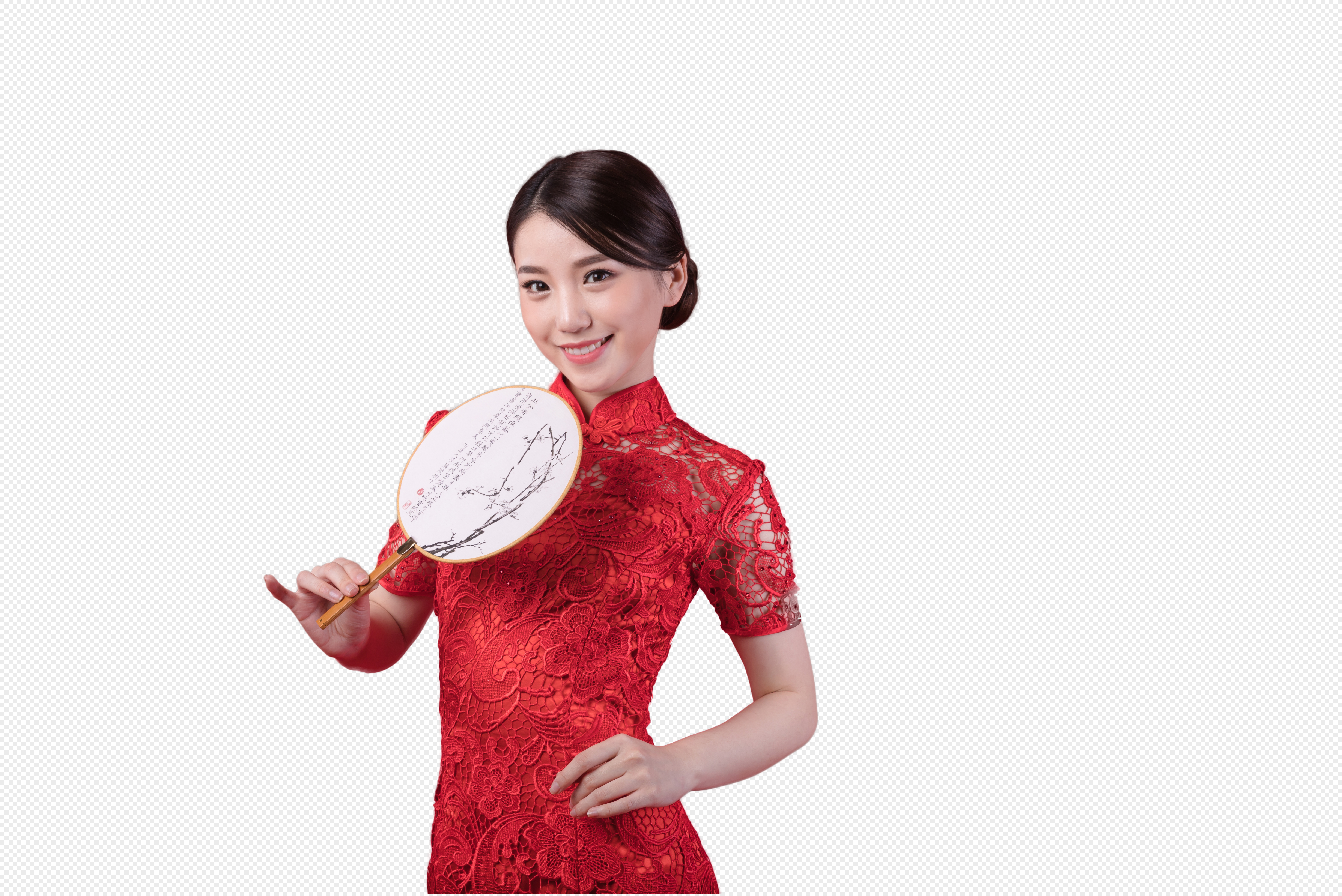 新春穿旗袍的美女手持团扇