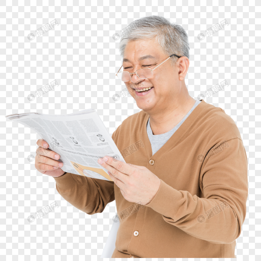 老年人戴眼镜看报纸