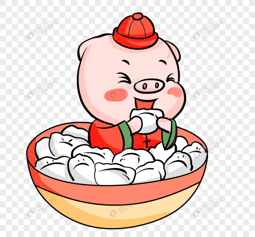 新年猪吃饺子图片