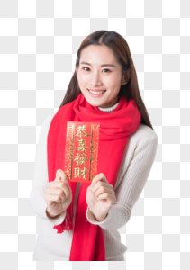 新年女性手拿红包图片