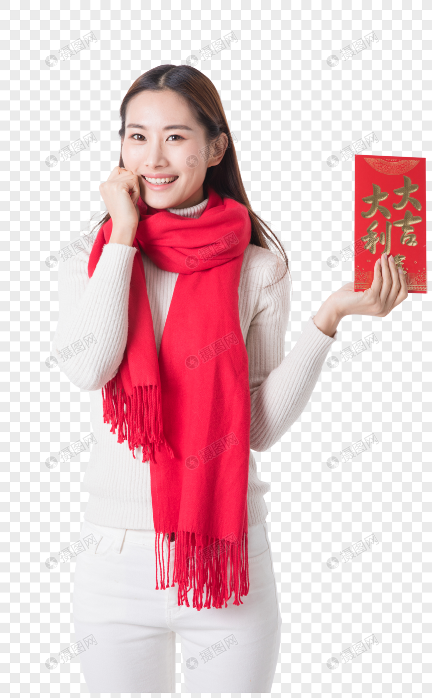 新年女性手拿红包图片