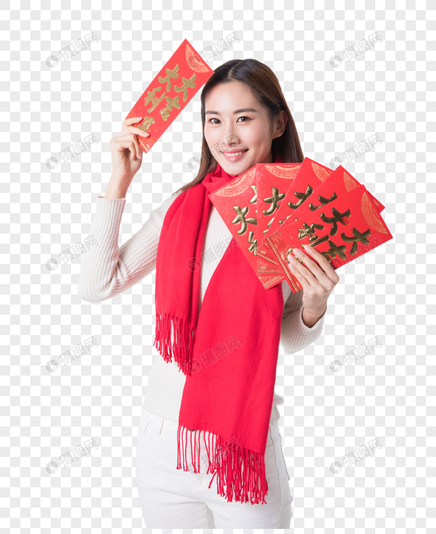 新年女性手拿红包图片