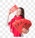 新年女性手拿红包图片