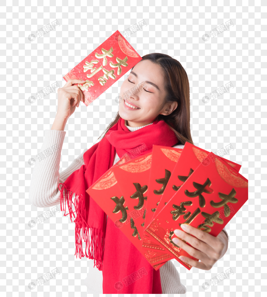 新年女性手拿红包图片