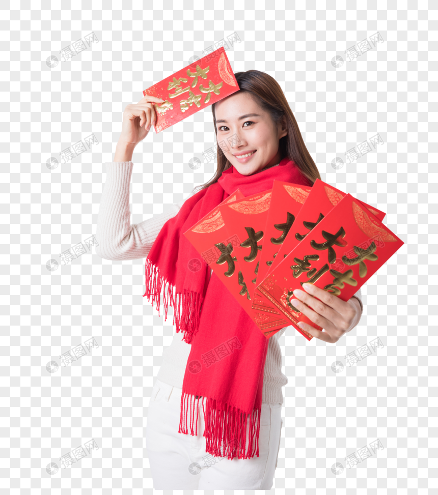 新年女性手拿红包图片