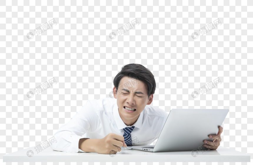 商务男性在电脑旁发愁图片
