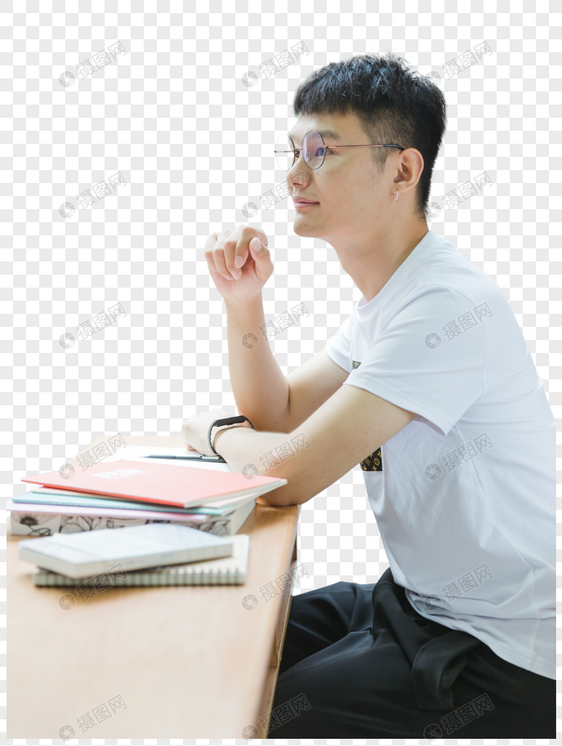 校园教室斯文男生举手思考