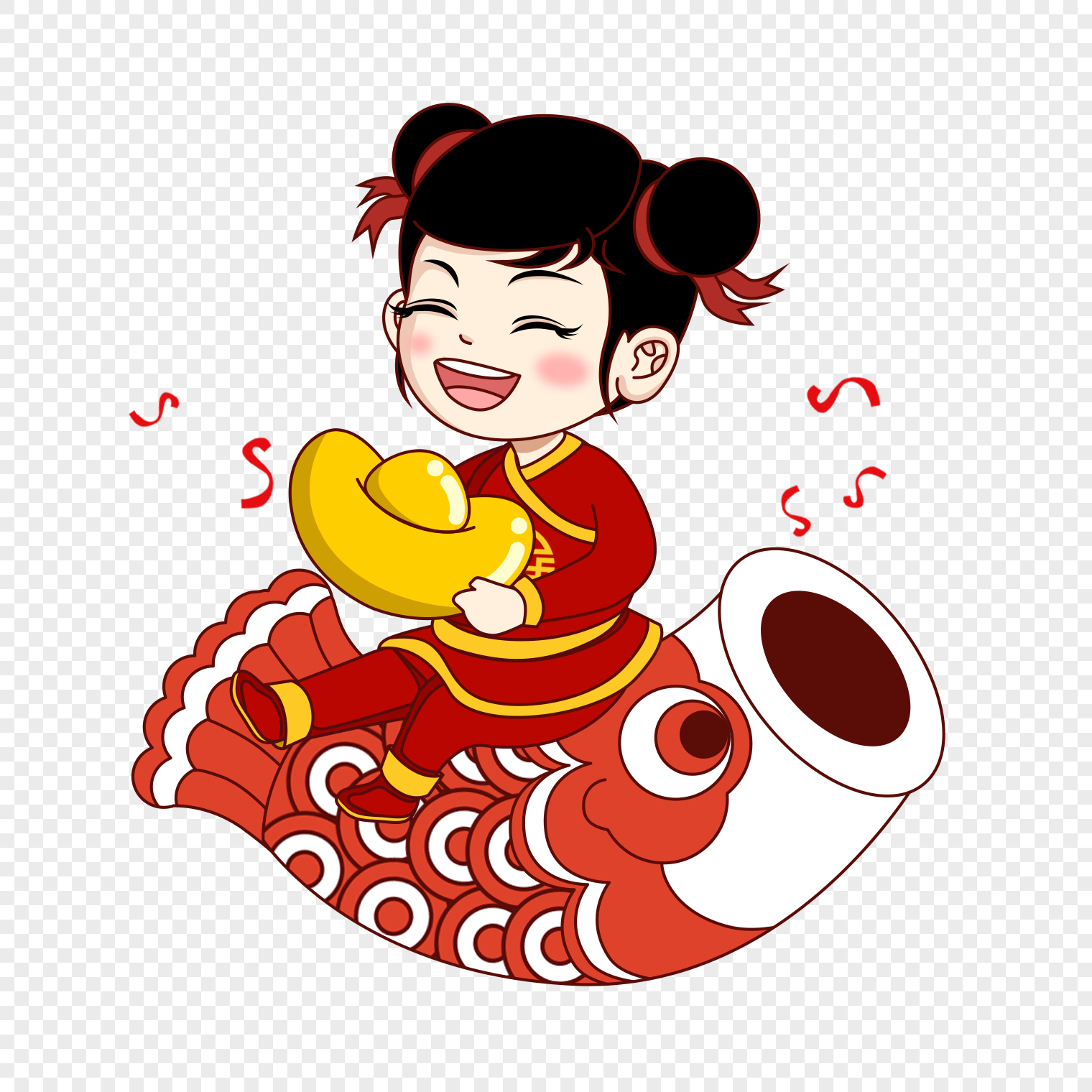 女福娃坐在鲤鱼旗上