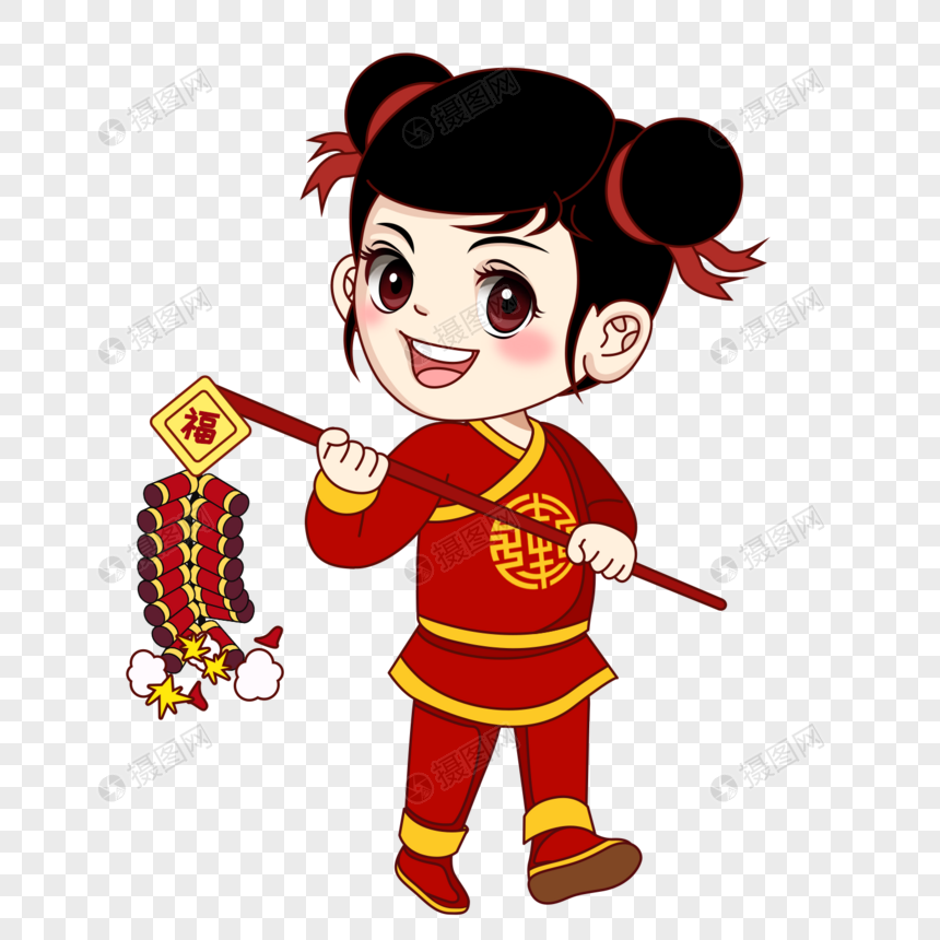 女福娃放鞭炮