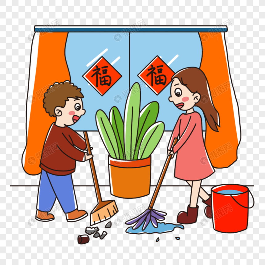 温馨喜庆小年打扫卫生场景