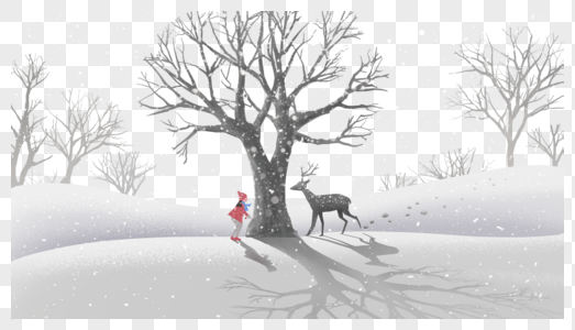 冬天雪地里的鹿和女孩图片