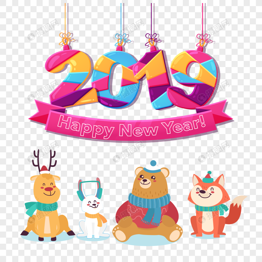 创意可爱清新动物齐聚2019跨年派对