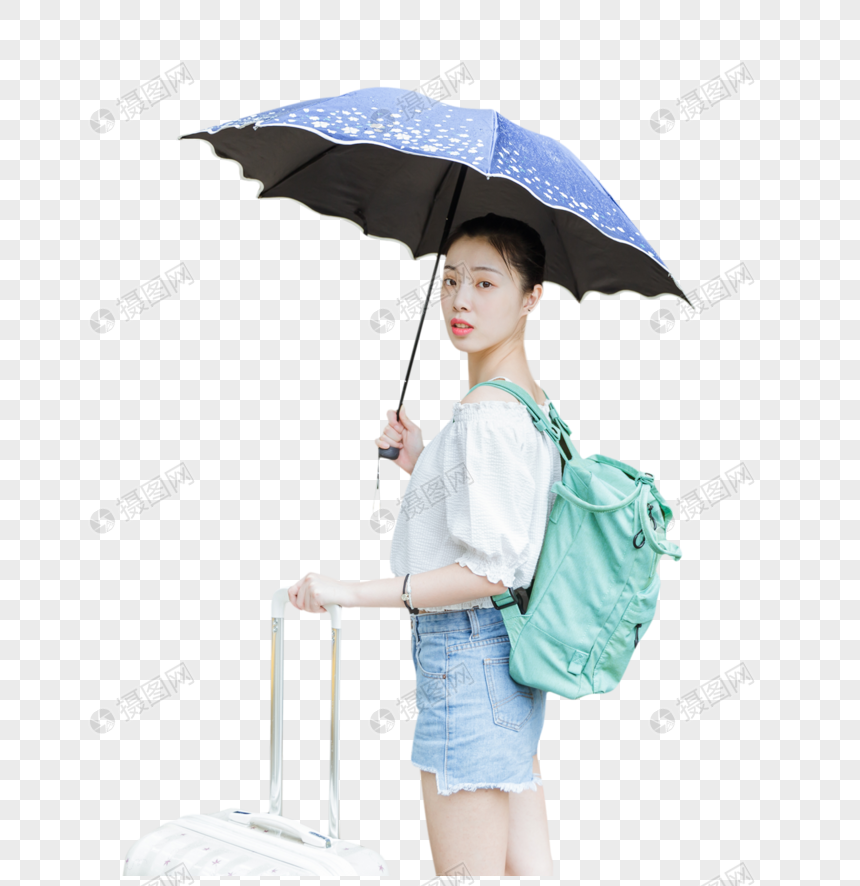 下雨天女生拉旅行箱回头图片