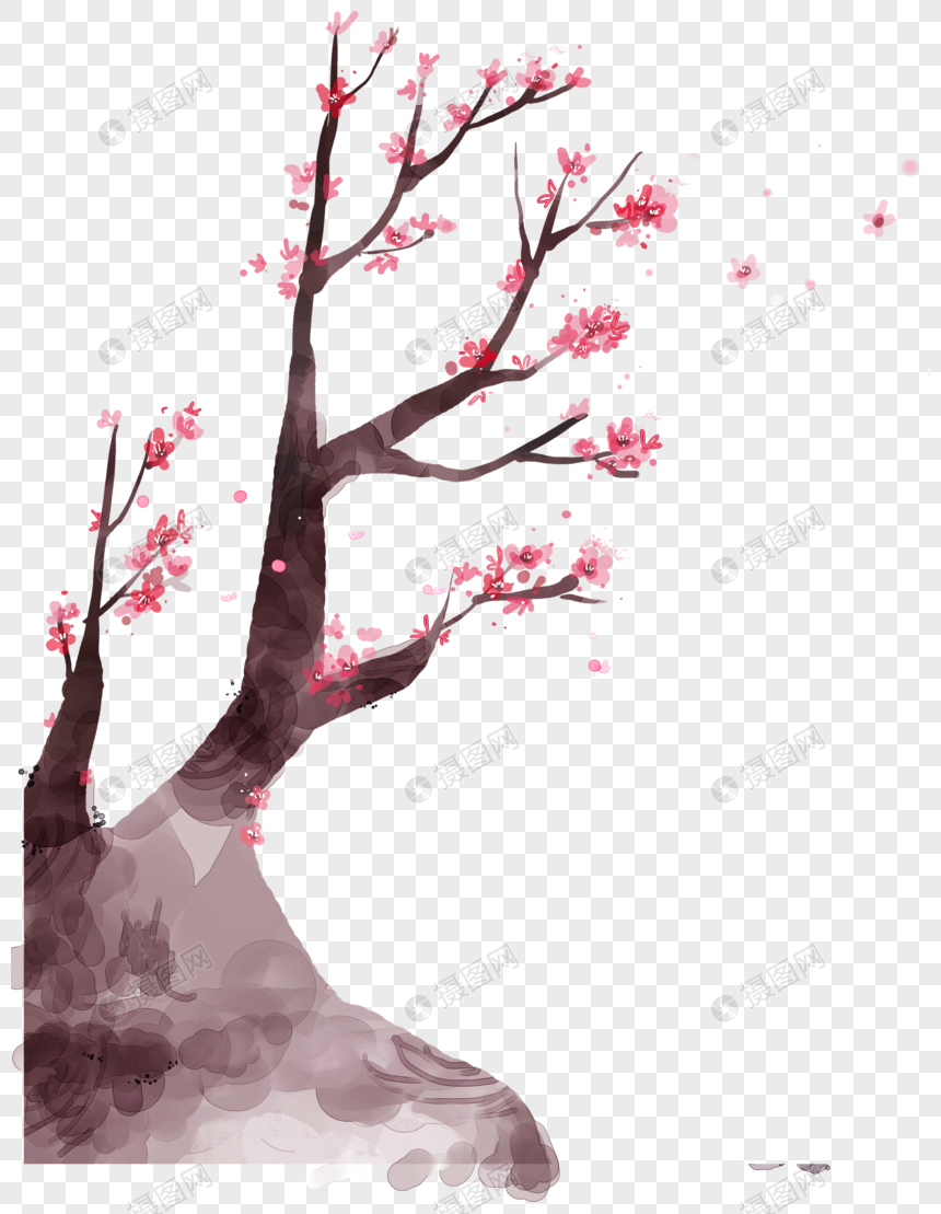 手绘粉色桃花树枝古风装饰