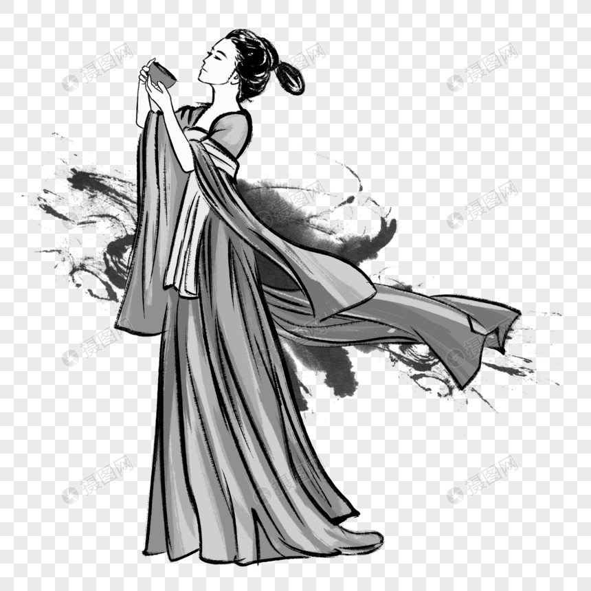水墨古风女子饮酒元素素材psd格式_设计素材