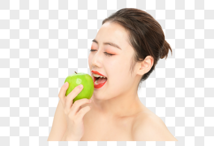 拿青苹果的美女图片