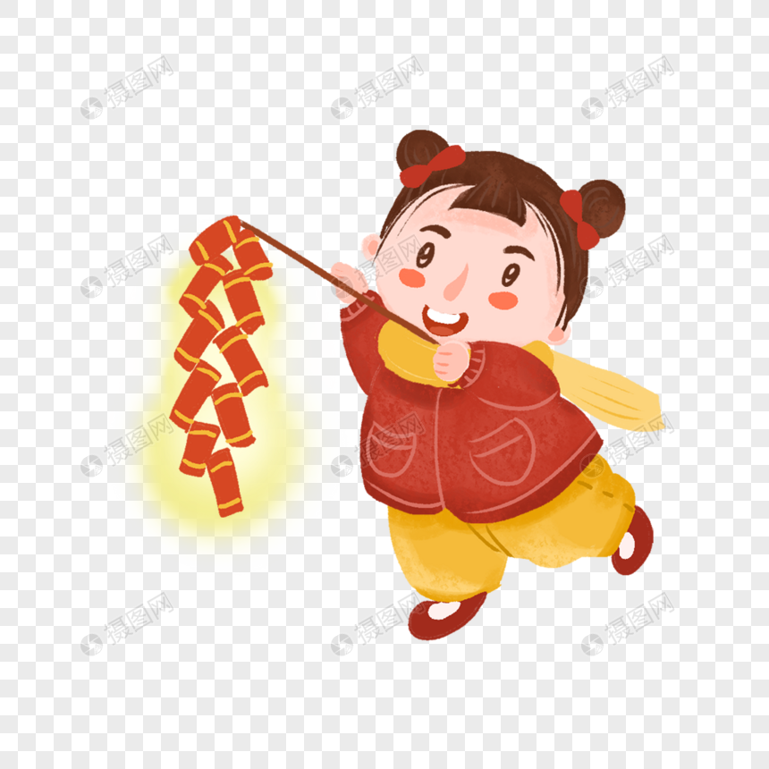 免抠元素 手绘/卡通元素 小女孩 放鞭炮的女孩.