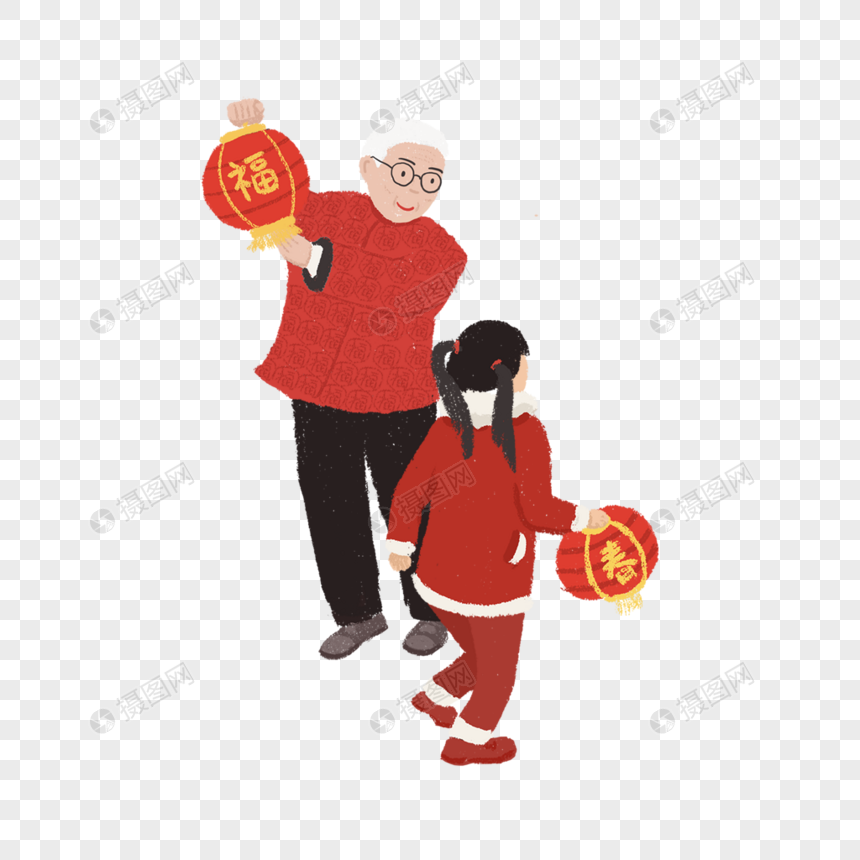 手持灯笼的爷爷和孩子