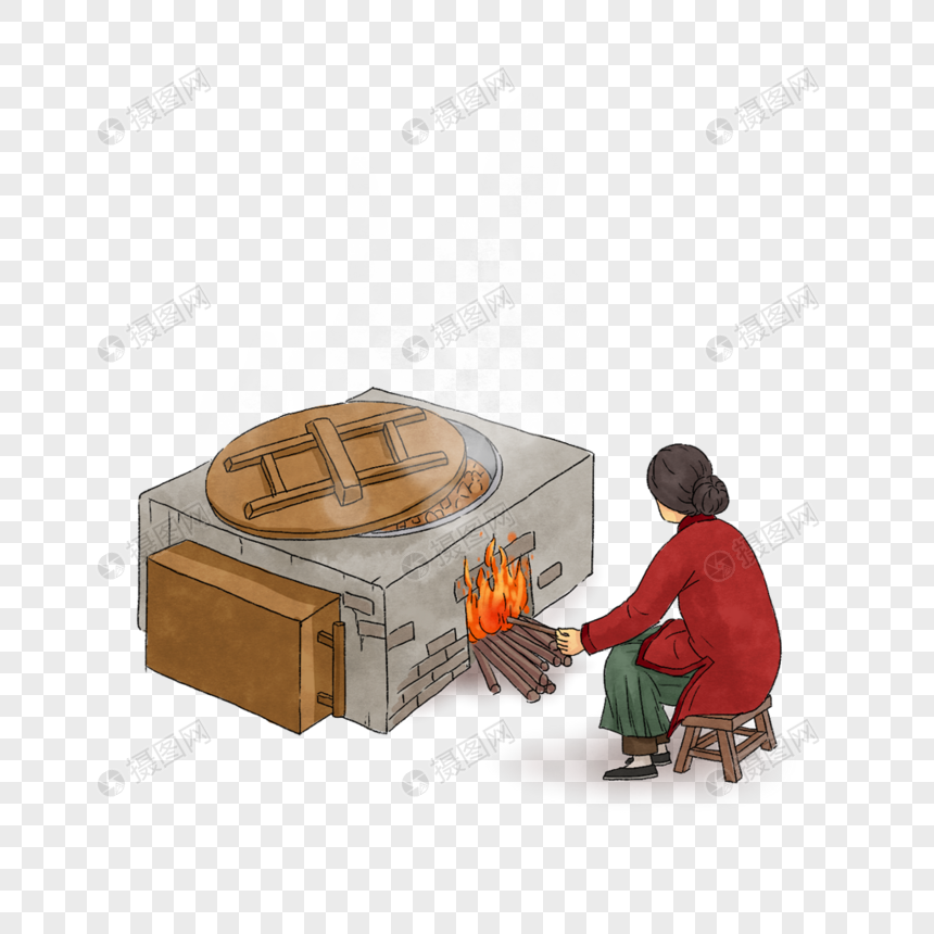 手绘/卡通元素 烧火炖肉的女人.