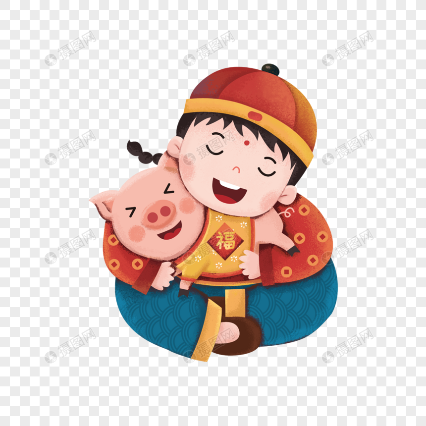 抱着猪的男孩